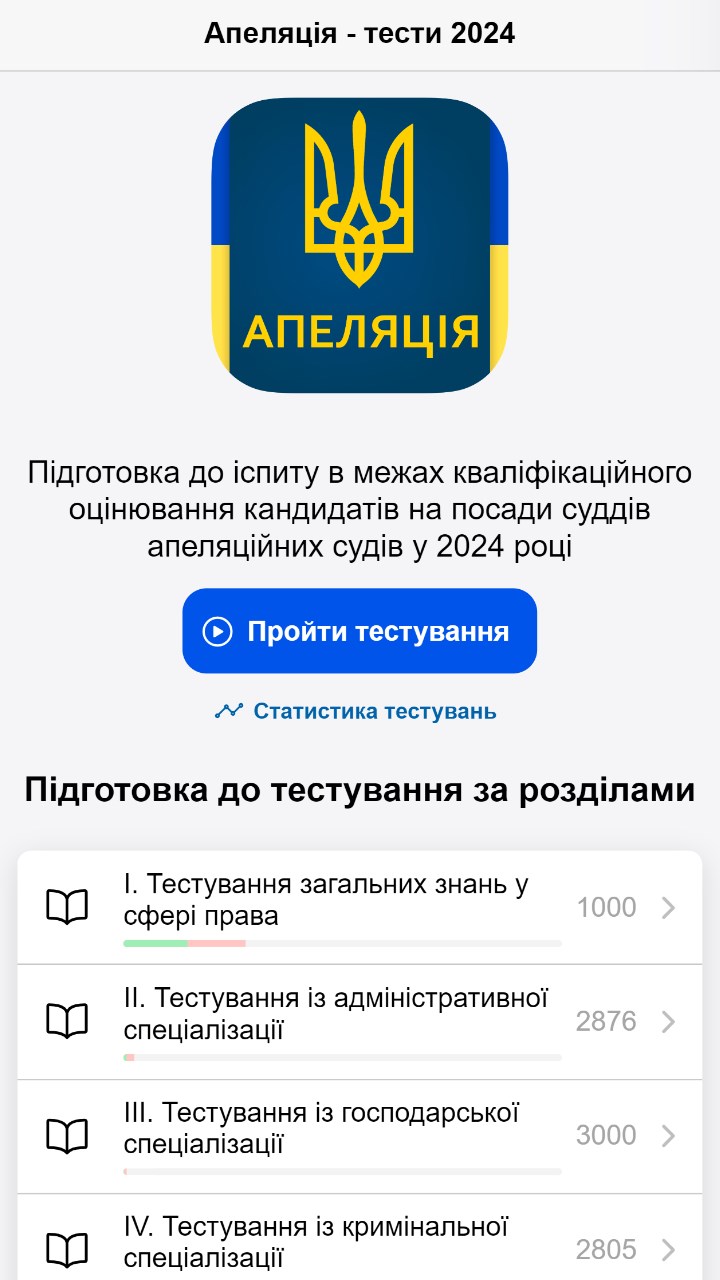 Підготовка до кваліфікаційного іспиту на посаду судді апеляційного суду, тести в апеляційний суд (мобільний додаток для Android та iOS)